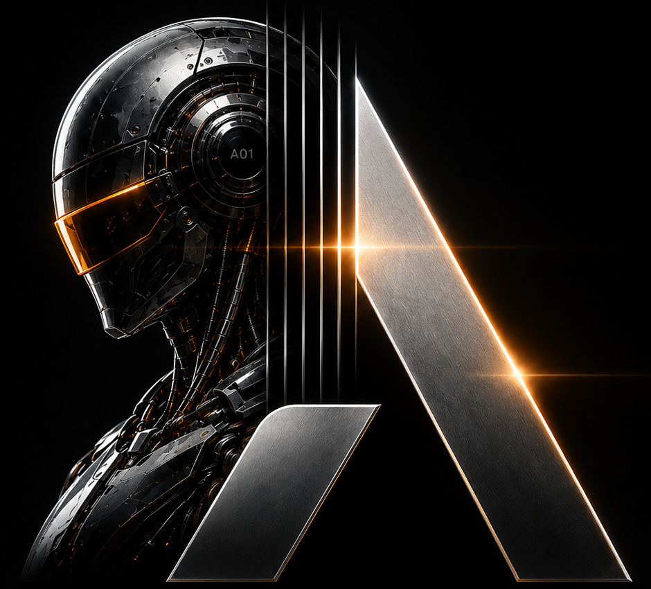 Agentrix autonomous agent — chrome robot beside the metallic A mark